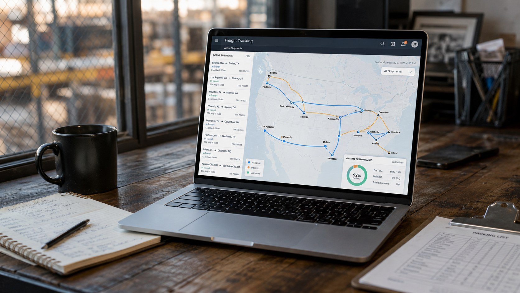 Freight Sidekick project dashboard on a laptop, showing a US map with active route lines, a shipment list with origin/destination cities, and on-time performance metrics.