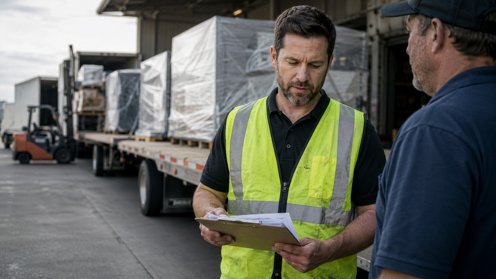 Freight Sidekick project manager reviewing a bill of lading with a driver at the loading dock, a flatbed of shrink-wrapped machinery in the background.