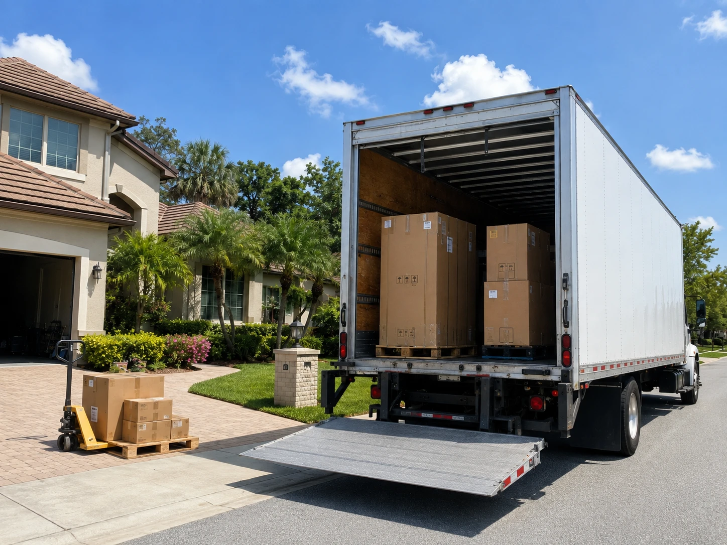 A box truck parked on a residential street with its liftgate lowered to the ground, palletized cartons inside and one pallet already unloaded onto the driveway